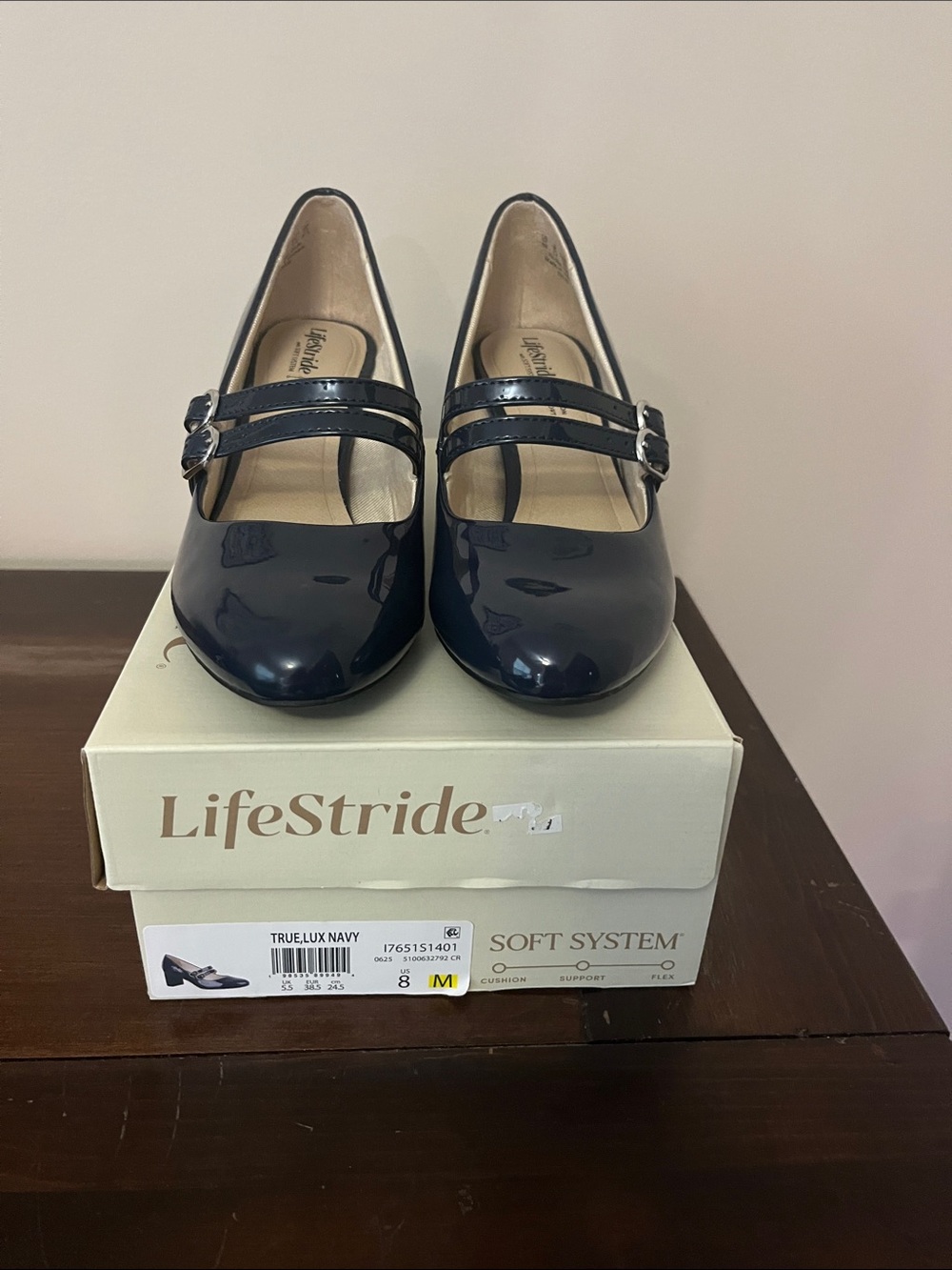 Life Stride Navy Patent Double-Strap Mary Jane pumps